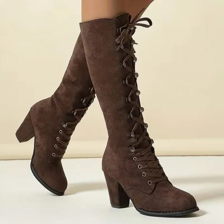 Iona | Lace-Up Suede Block Heel Knee High Boots for Women