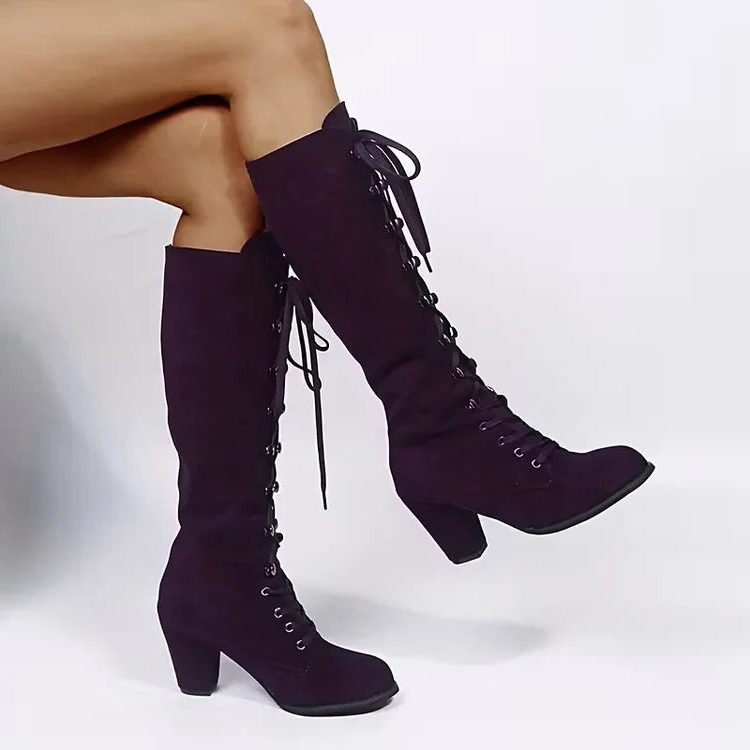 Iona | Lace-Up Suede Block Heel Knee High Boots for Women