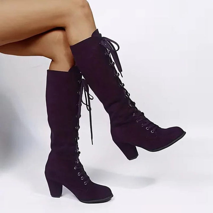 Iona | Lace-Up Suede Block Heel Knee High Boots for Women