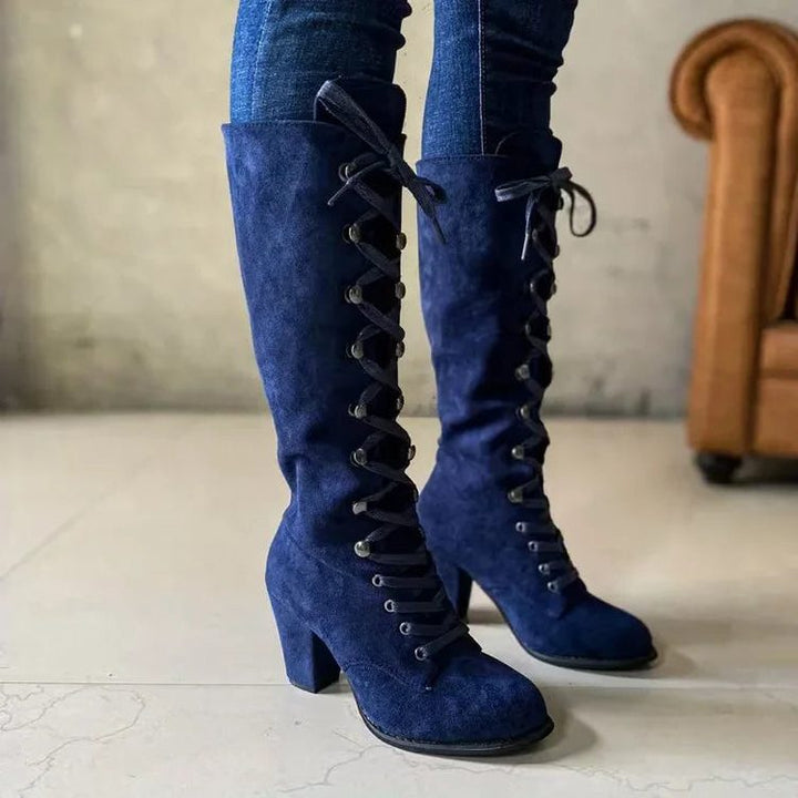 Iona | Lace-Up Suede Block Heel Knee High Boots for Women