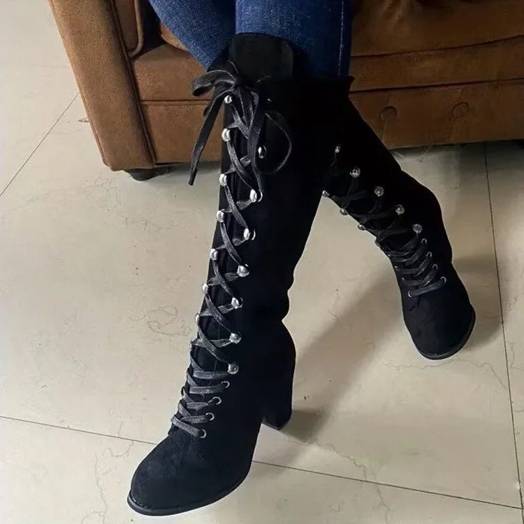Iona | Lace-Up Suede Block Heel Knee High Boots for Women