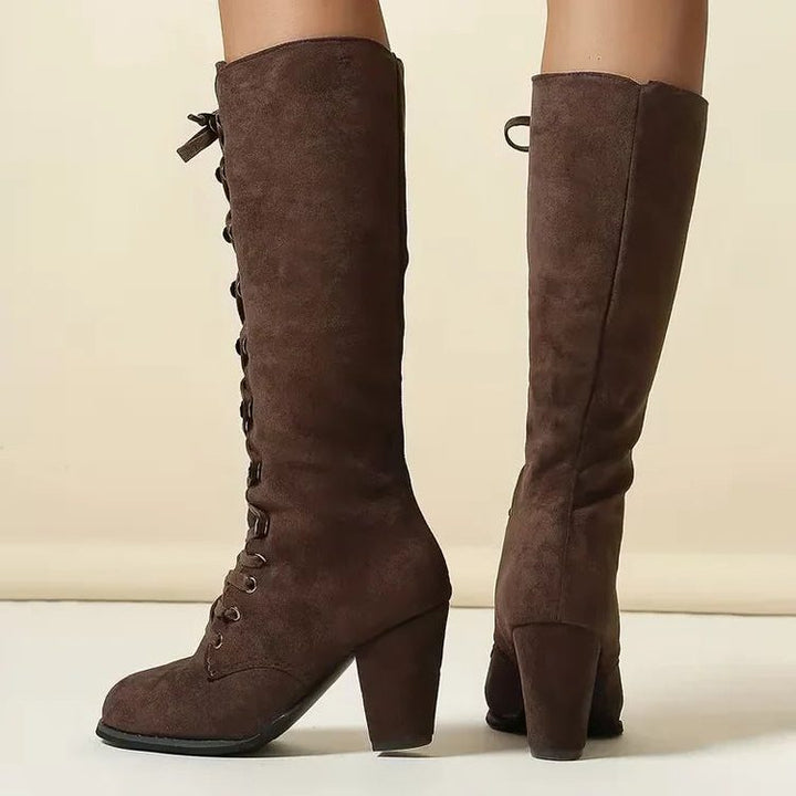 Iona | Lace-Up Suede Block Heel Knee High Boots for Women