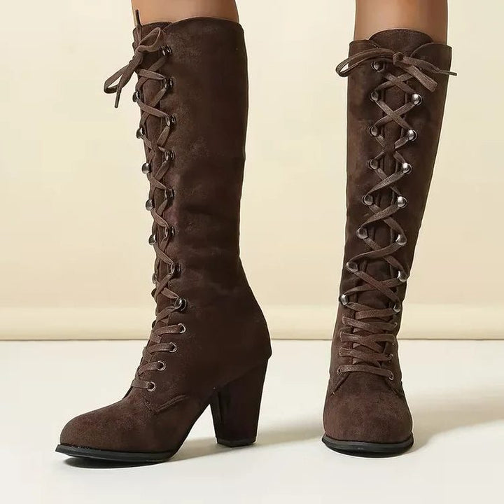 Iona | Lace-Up Suede Block Heel Knee High Boots for Women