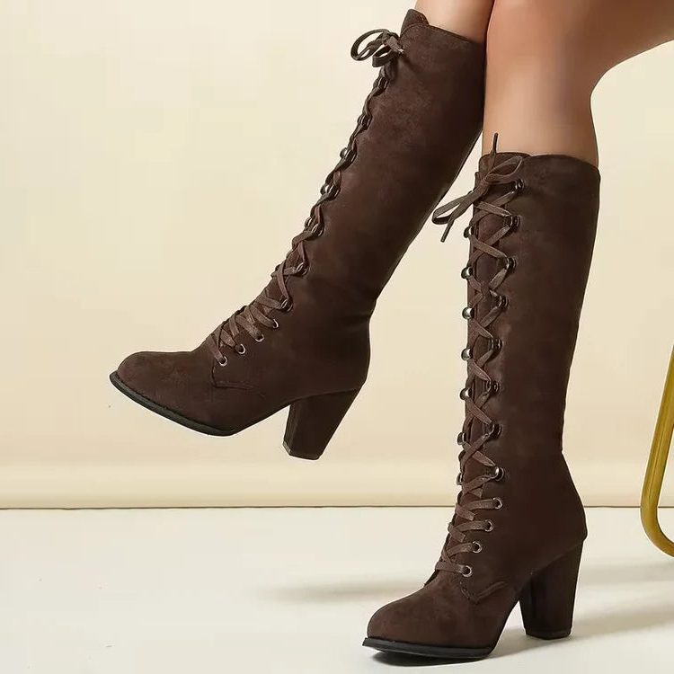 Iona | Lace-Up Suede Block Heel Knee High Boots for Women