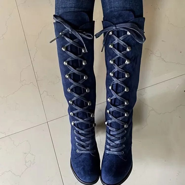 Iona | Lace-Up Suede Block Heel Knee High Boots for Women