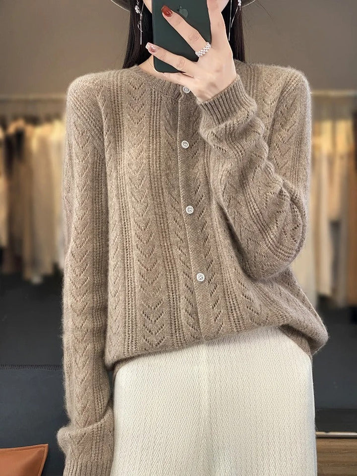 Santorini | Pure Wool Cardigan with Chevron Pointelle Knit for Women