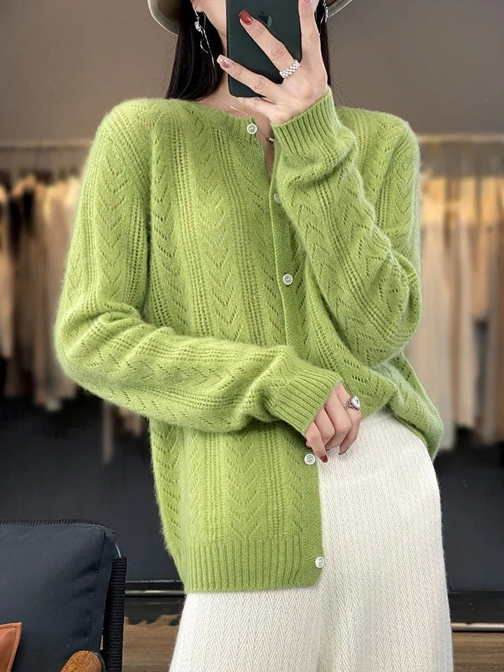 Santorini | Pure Wool Cardigan with Chevron Pointelle Knit for Women