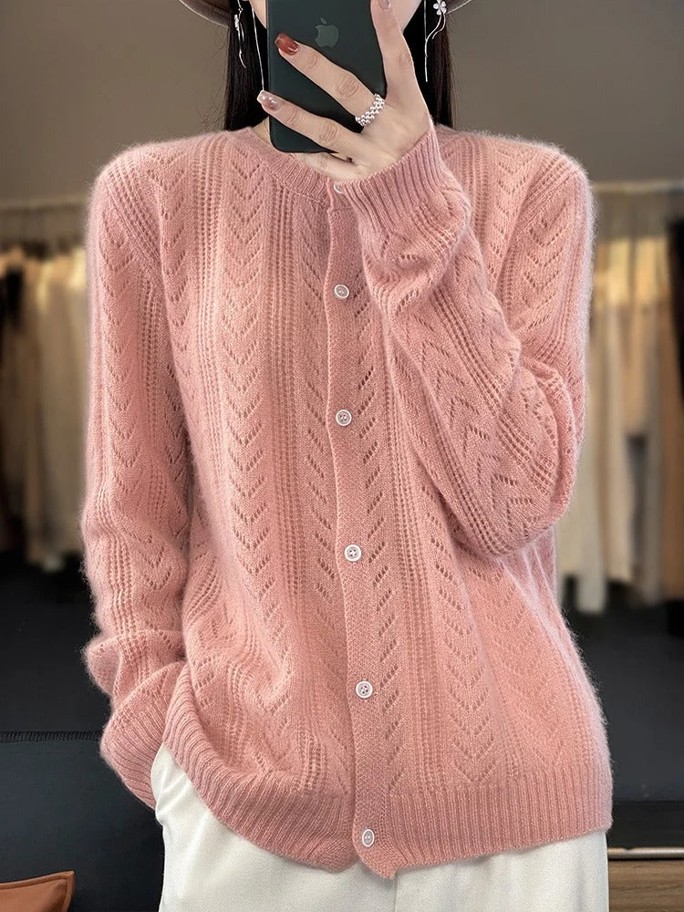 Santorini | Pure Wool Cardigan with Chevron Pointelle Knit for Women