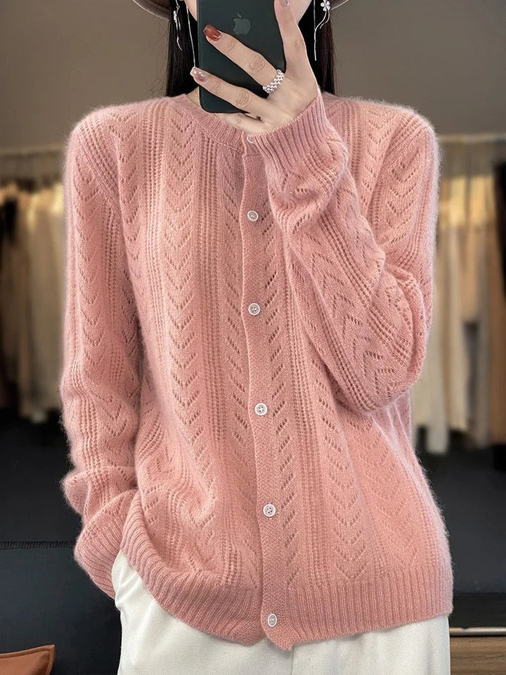 Santorini | Pure Wool Cardigan with Chevron Pointelle Knit for Women