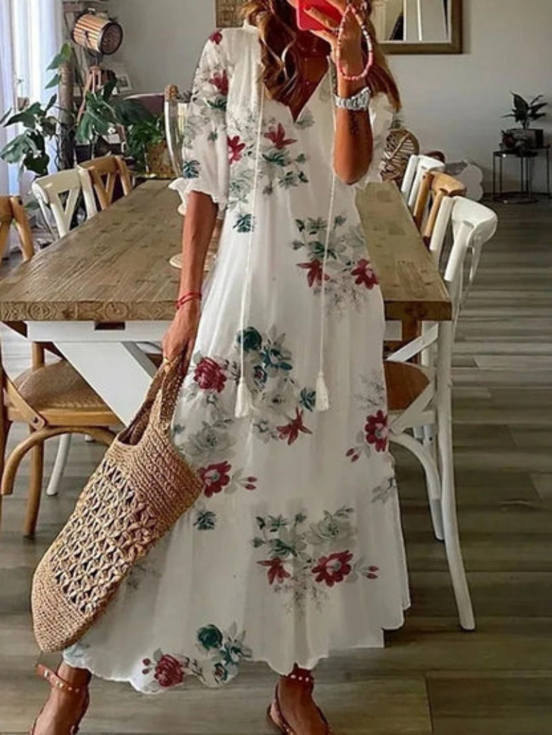 Andrea - Boho Vintage V-Neck Printed Dress