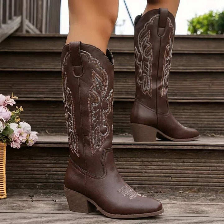 Etta | Embroidered Cowgirl Block Heel Boots with Tall Shaft for Women