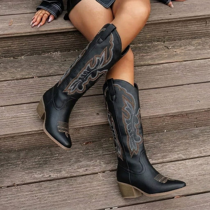 Etta | Embroidered Cowgirl Block Heel Boots with Tall Shaft for Women