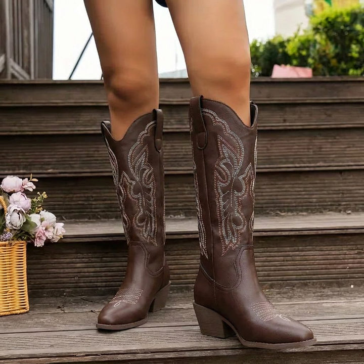 Etta | Embroidered Cowgirl Block Heel Boots with Tall Shaft for Women