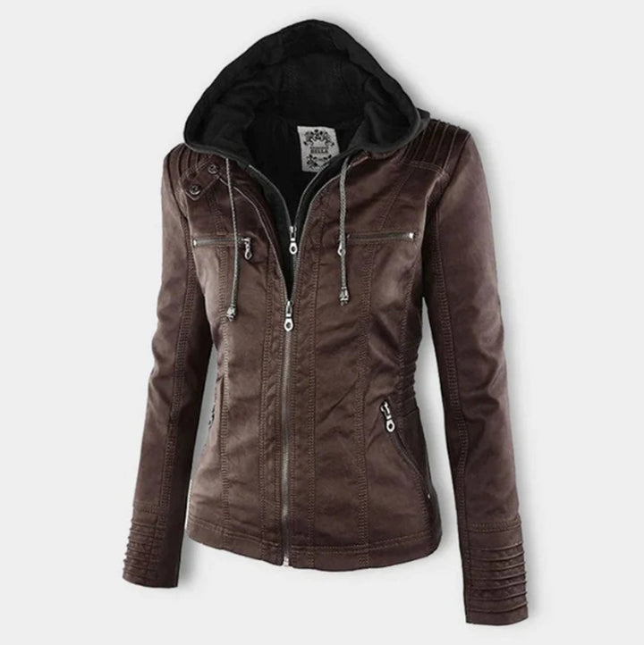 Victoria | Hooded Faux Leather Moto Jacket with Drawstring Waist for Women