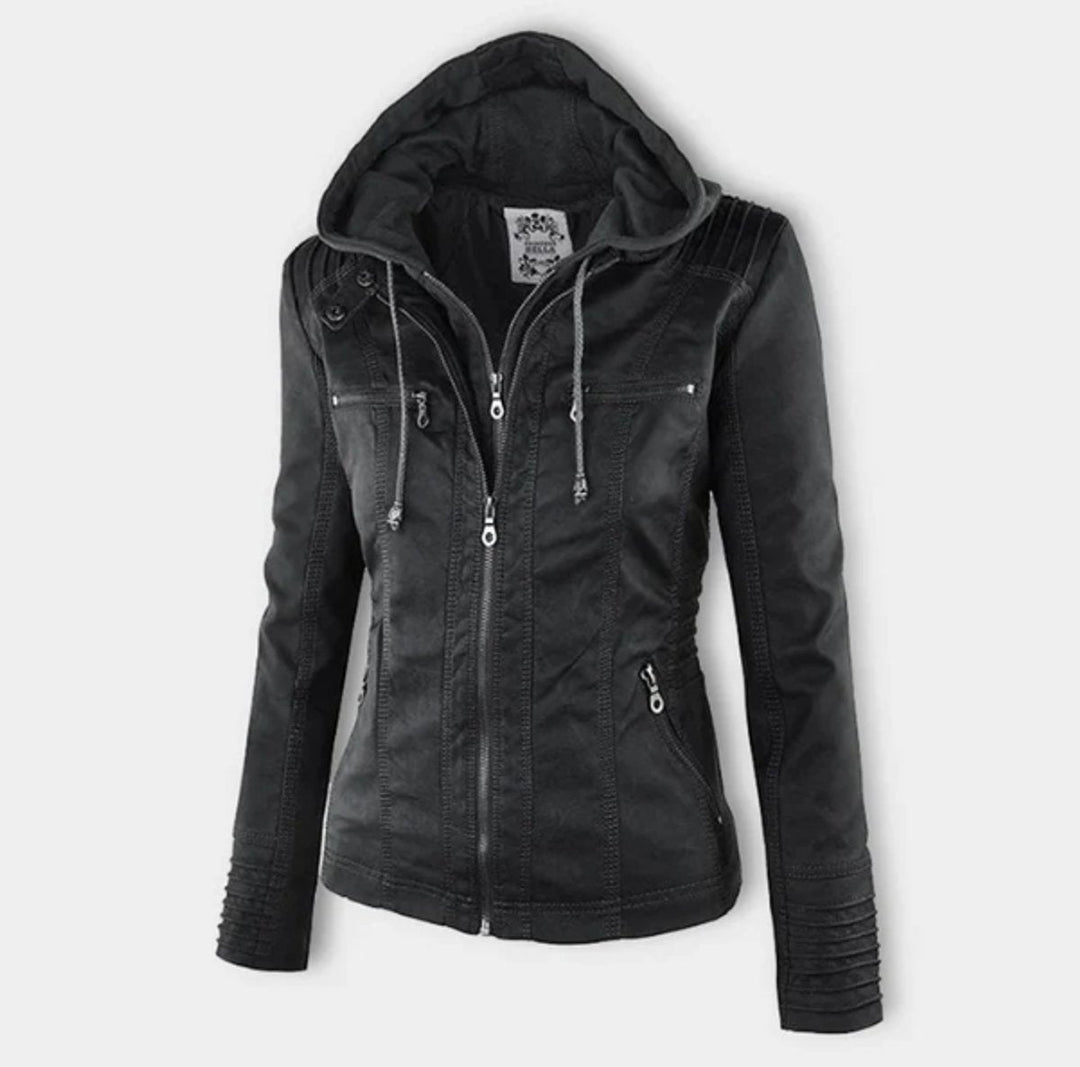 Victoria | Hooded Faux Leather Moto Jacket with Drawstring Waist for Women
