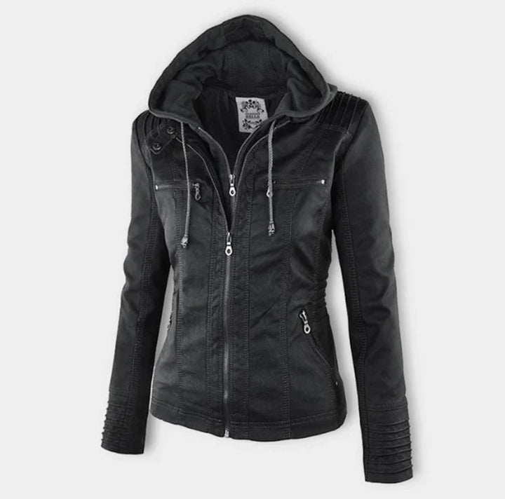 Victoria | Hooded Faux Leather Moto Jacket with Drawstring Waist for Women