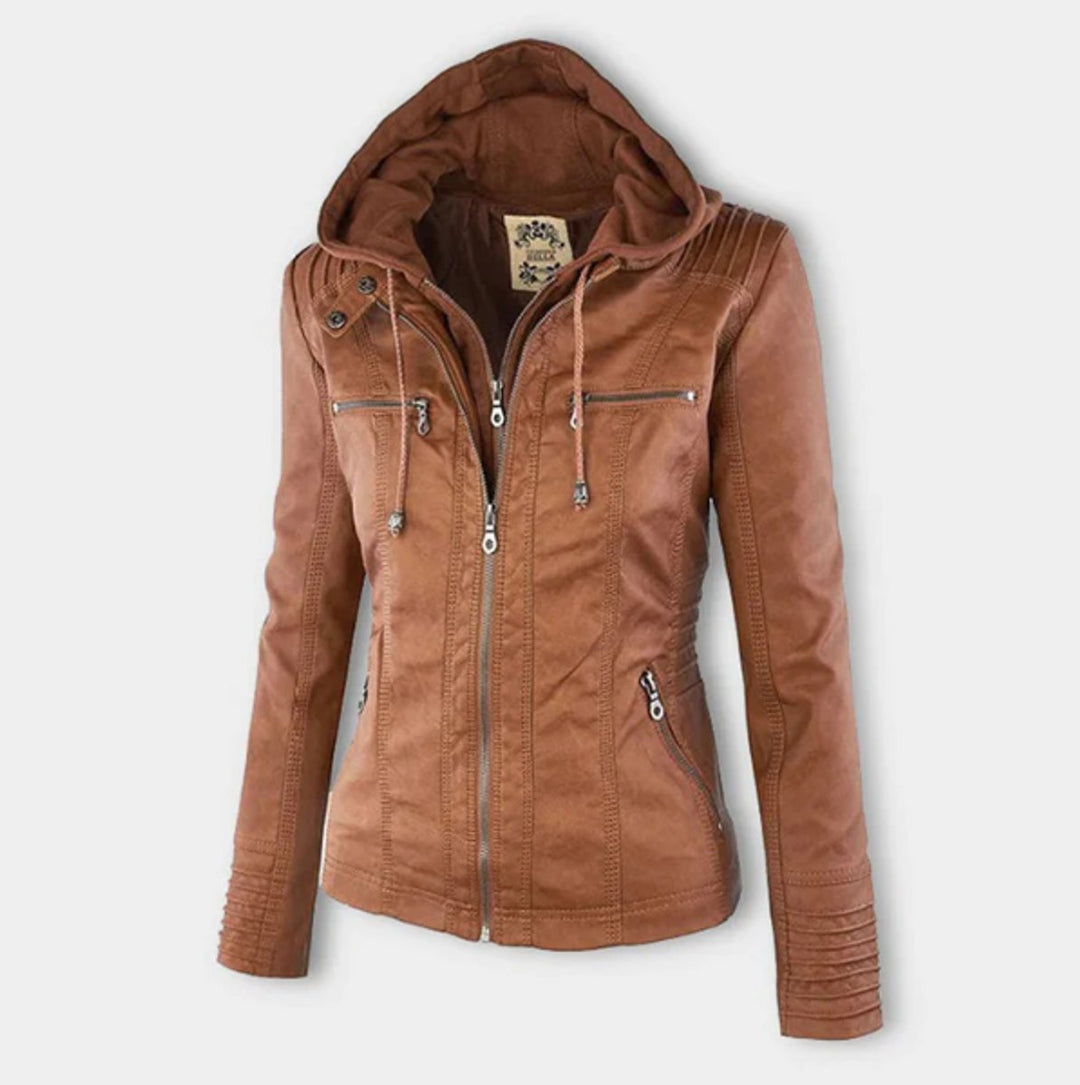 Victoria | Hooded Faux Leather Moto Jacket with Drawstring Waist for Women