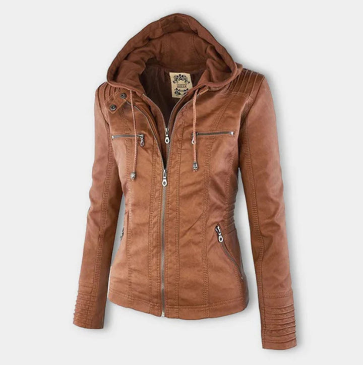 Victoria | Hooded Faux Leather Moto Jacket with Drawstring Waist for Women