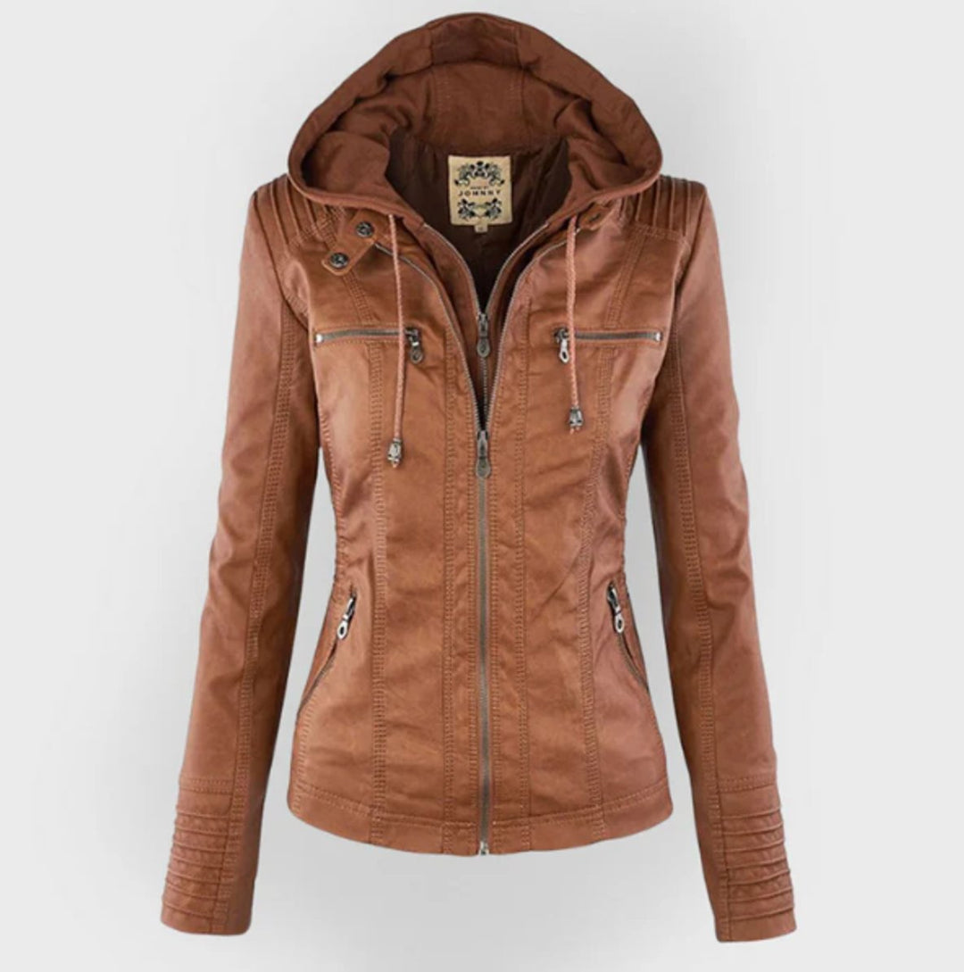 Victoria | Hooded Faux Leather Moto Jacket with Drawstring Waist for Women