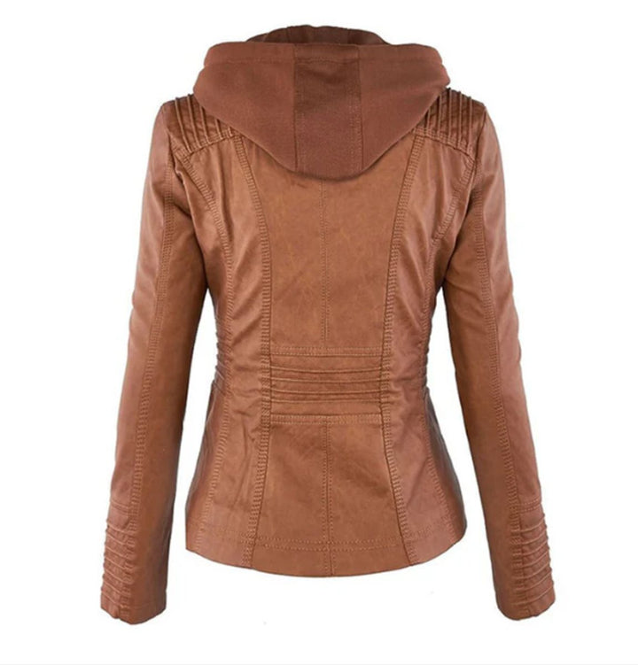 Victoria | Hooded Faux Leather Moto Jacket with Drawstring Waist for Women