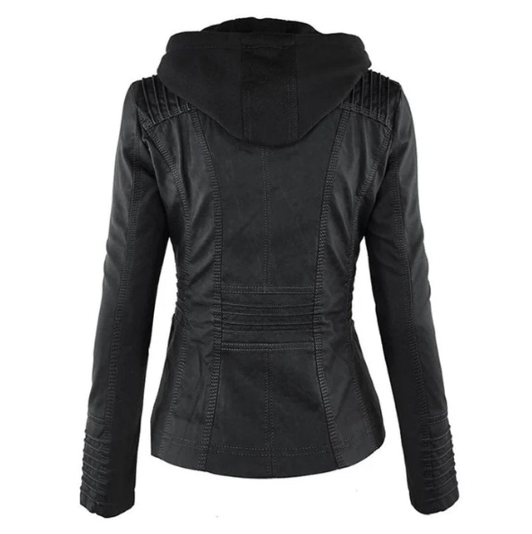 Victoria | Hooded Faux Leather Moto Jacket with Drawstring Waist for Women
