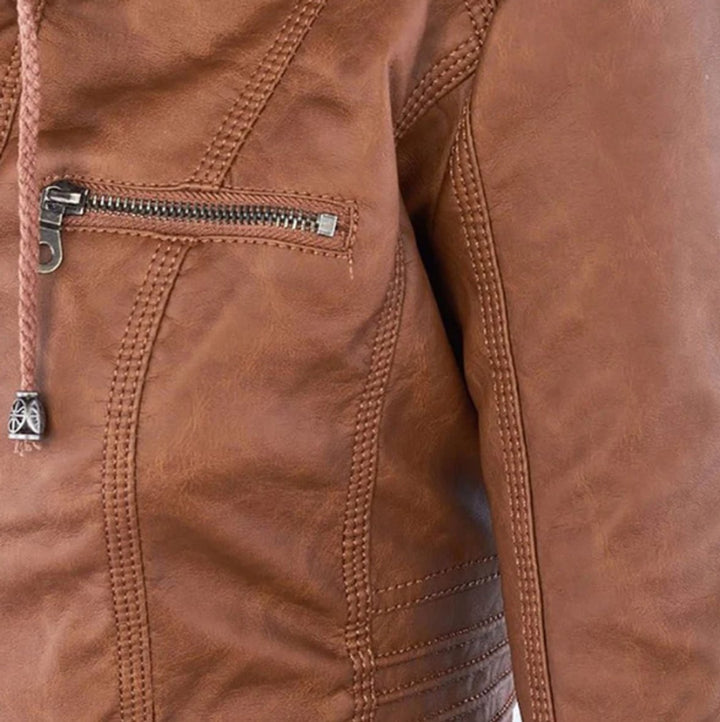 Victoria | Hooded Faux Leather Moto Jacket with Drawstring Waist for Women