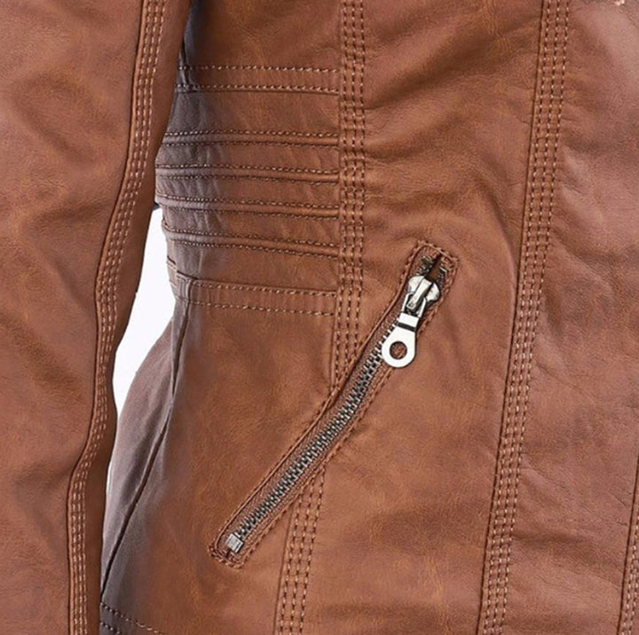 Victoria | Hooded Faux Leather Moto Jacket with Drawstring Waist for Women