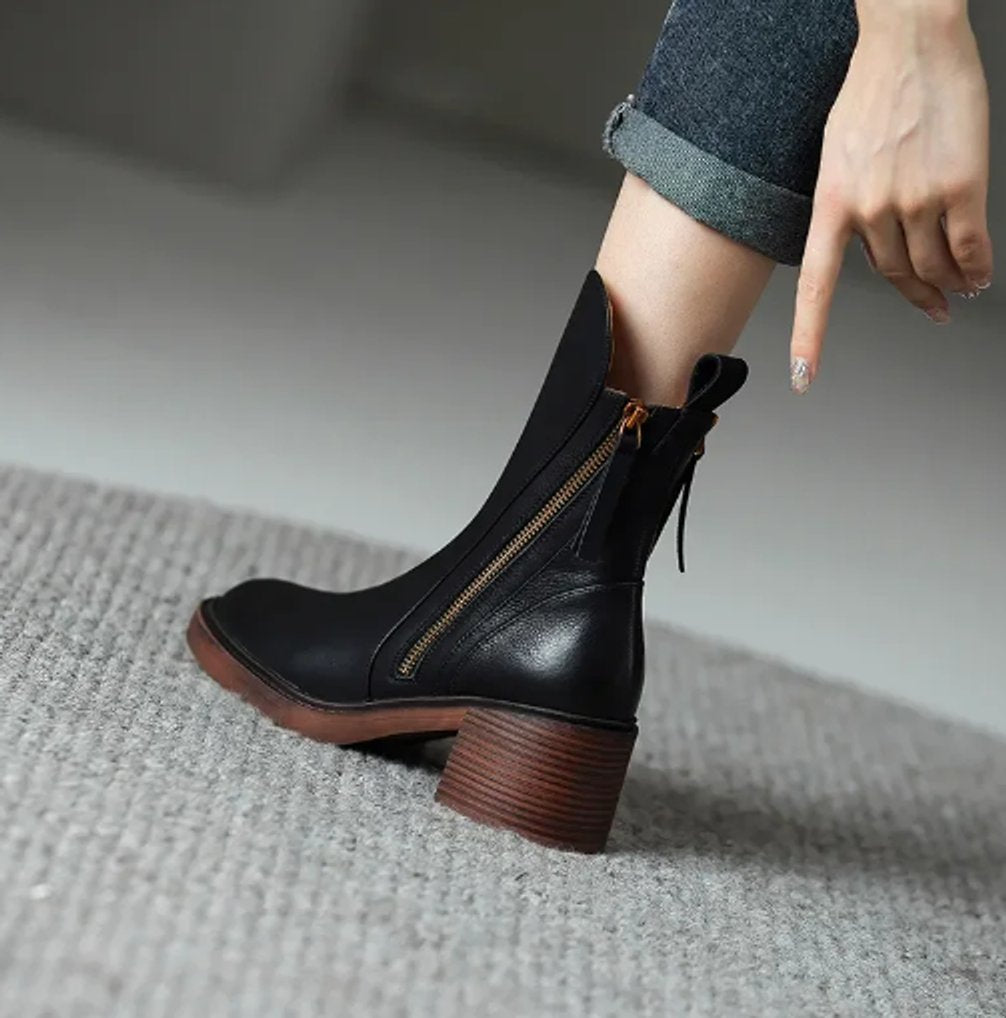 Matilda | Smooth Leather Ankle Boots with Tassel Side Zip for Women