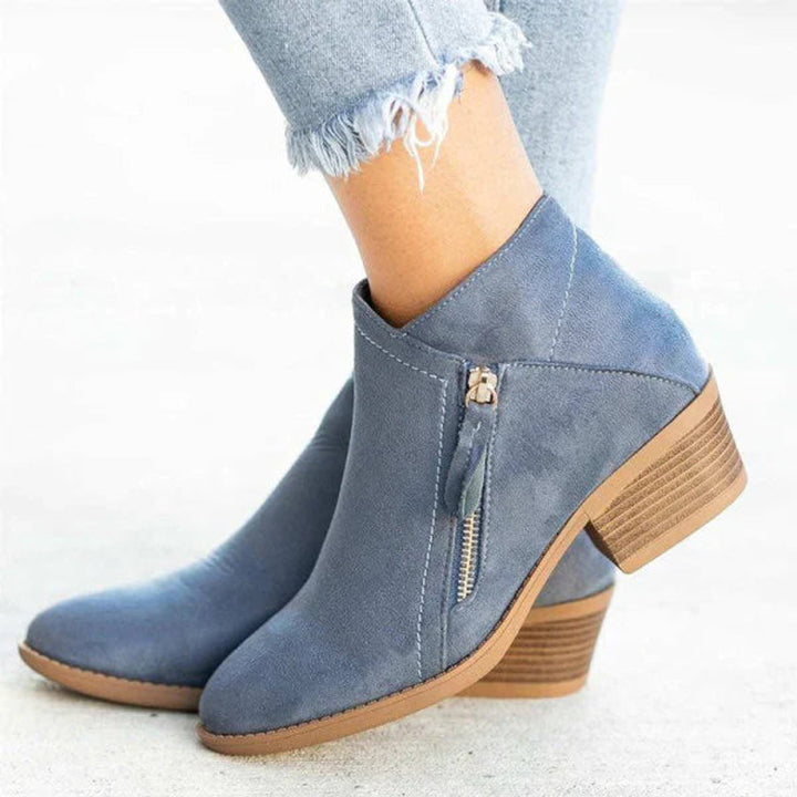 Verity | Suede-Effect Low-Heel Ankle Boots with Gold Side Zip for Women