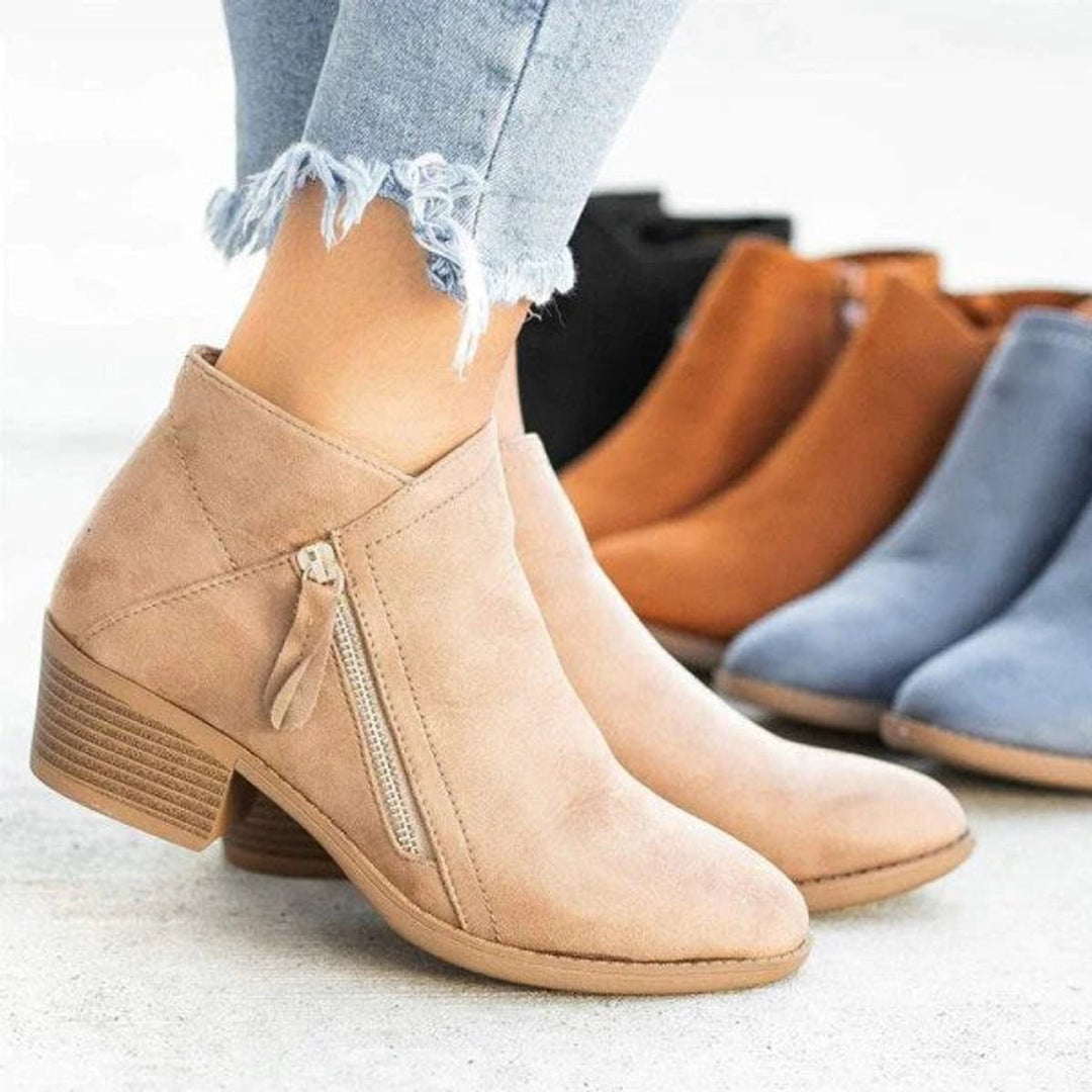 Verity | Suede-Effect Low-Heel Ankle Boots with Gold Side Zip for Women