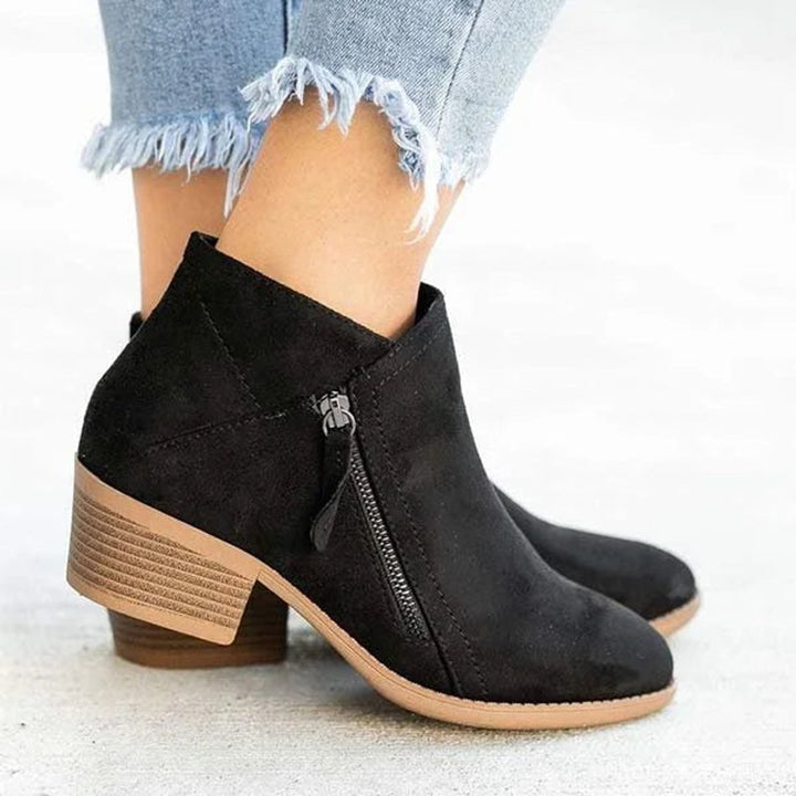 Verity | Suede-Effect Low-Heel Ankle Boots with Gold Side Zip for Women