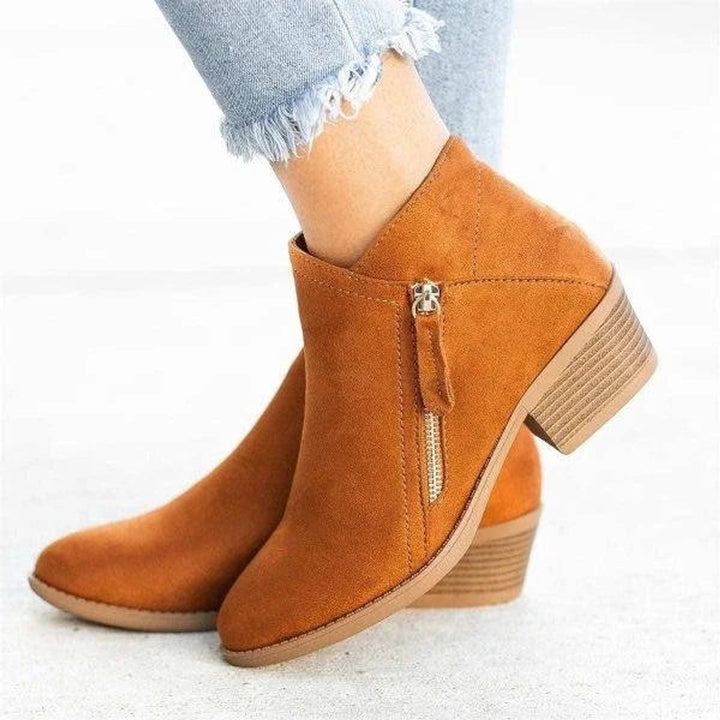 Verity | Suede-Effect Low-Heel Ankle Boots with Gold Side Zip for Women