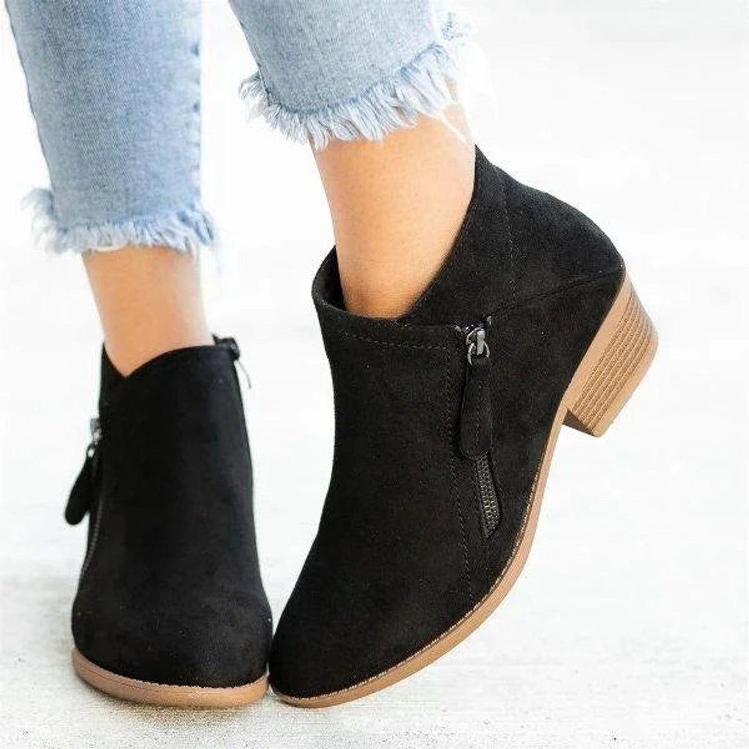 Verity | Suede-Effect Low-Heel Ankle Boots with Gold Side Zip for Women