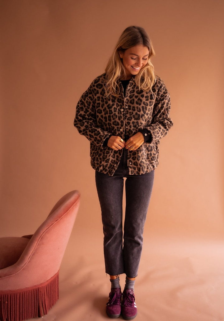 Evelyn | Leopard Print Quilted Jacket with Snap Button Front for Women