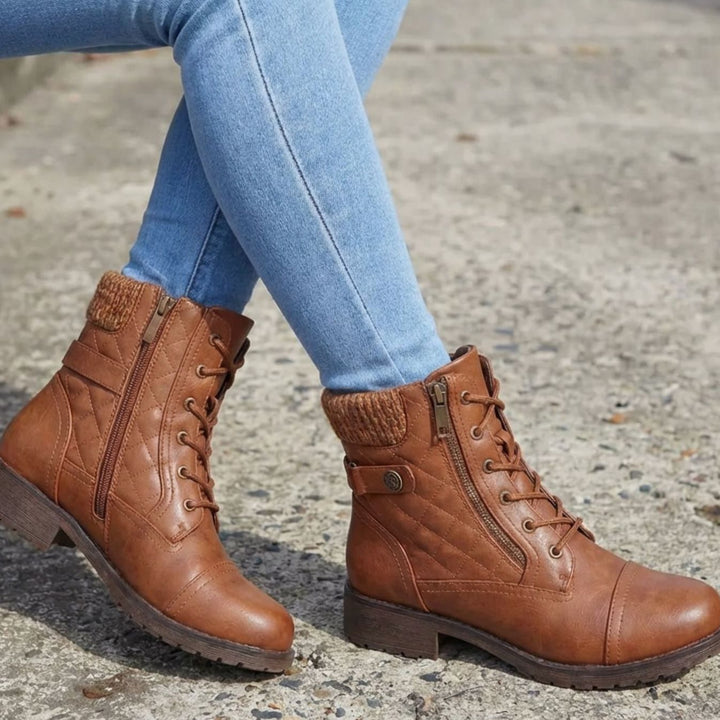 Theodosia | Quilted Lace-Up Ankle Boots with Side Zip for Women