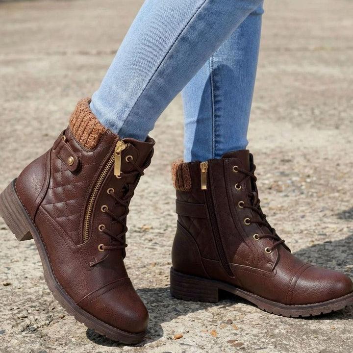 Theodosia | Quilted Lace-Up Ankle Boots with Side Zip for Women