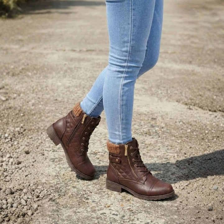 Theodosia | Quilted Lace-Up Ankle Boots with Side Zip for Women