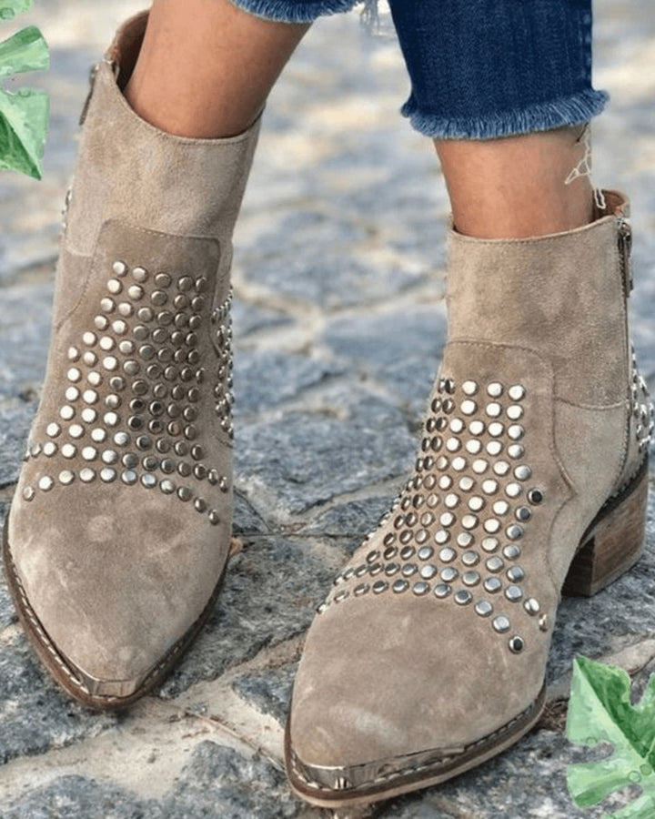 Imogen | Studded Suede Pointed-Toe Ankle Boots with Block Heel for Women