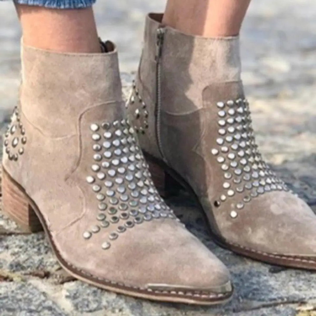 Imogen | Studded Suede Pointed-Toe Ankle Boots with Block Heel for Women
