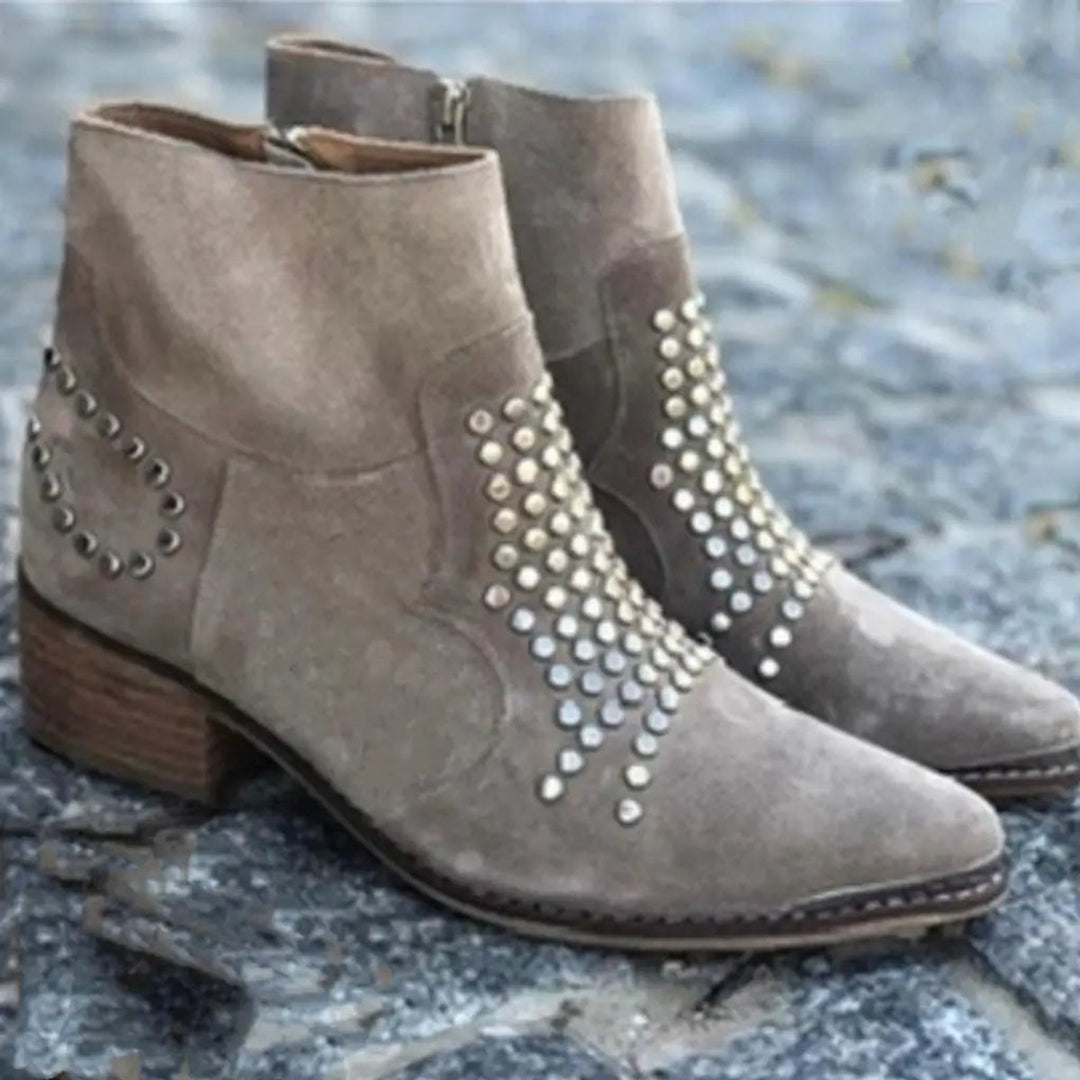 Imogen | Studded Suede Pointed-Toe Ankle Boots with Block Heel for Women