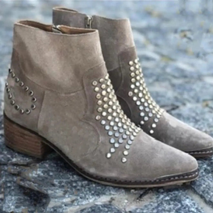 Imogen | Studded Suede Pointed-Toe Ankle Boots with Block Heel for Women