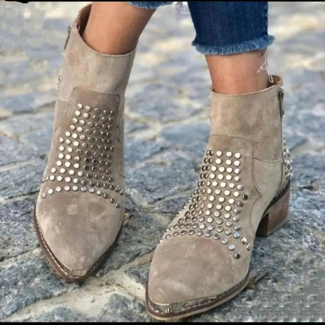 Imogen | Studded Suede Pointed-Toe Ankle Boots with Block Heel for Women