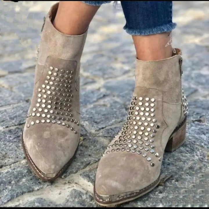 Imogen | Studded Suede Pointed-Toe Ankle Boots with Block Heel for Women