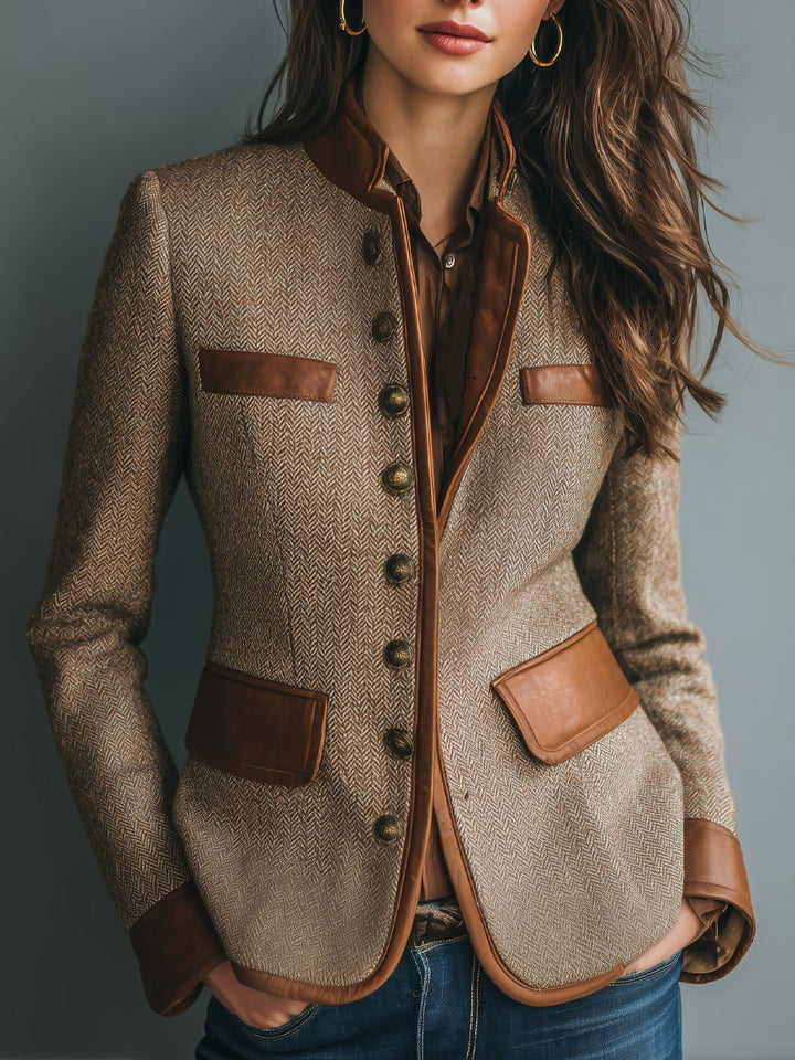 Sophia | Herringbone Tweed Jacket with Leather Look Trim for Women
