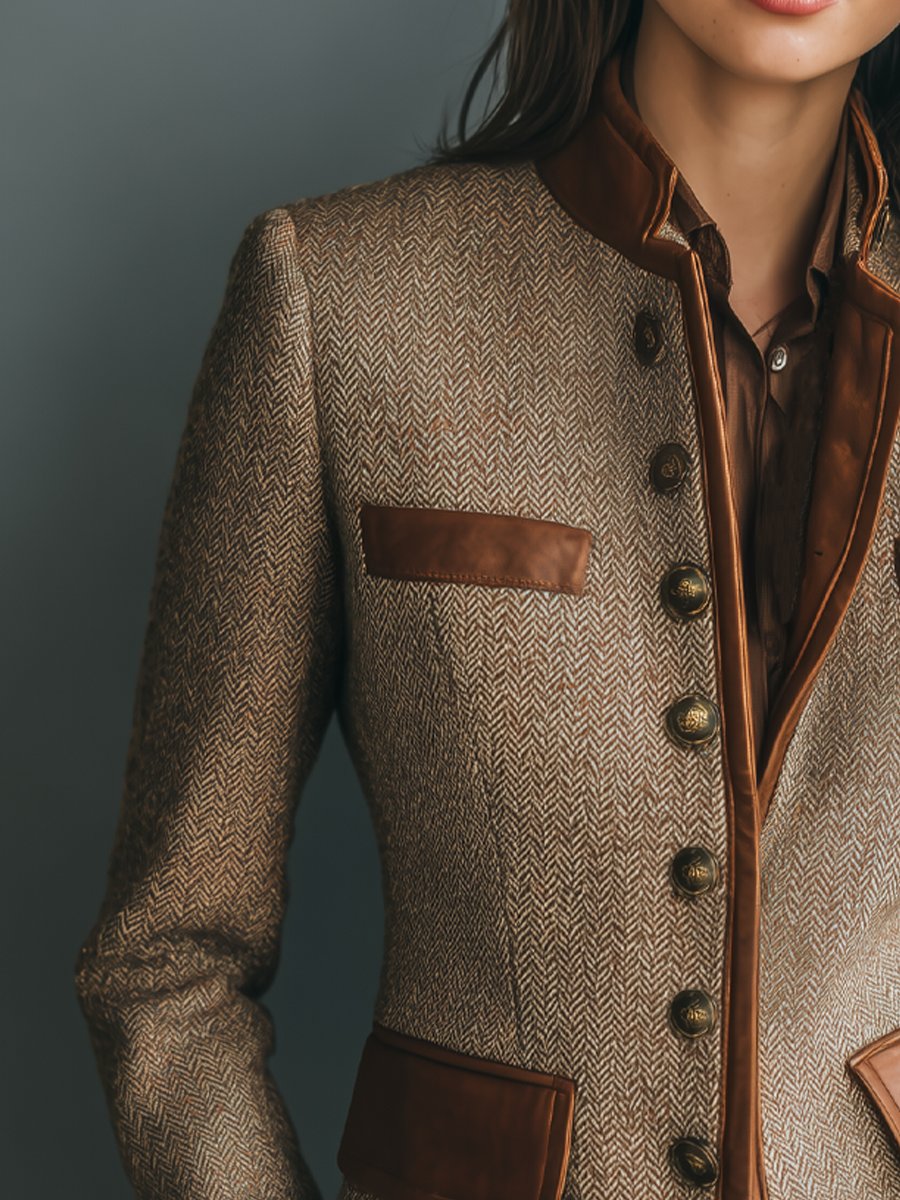 Sophia | Herringbone Tweed Jacket with Leather Look Trim for Women