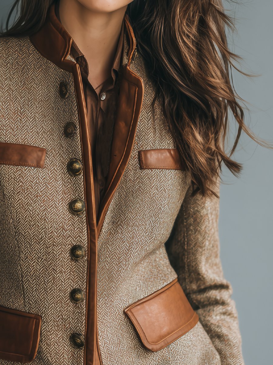 Sophia | Herringbone Tweed Jacket with Leather Look Trim for Women