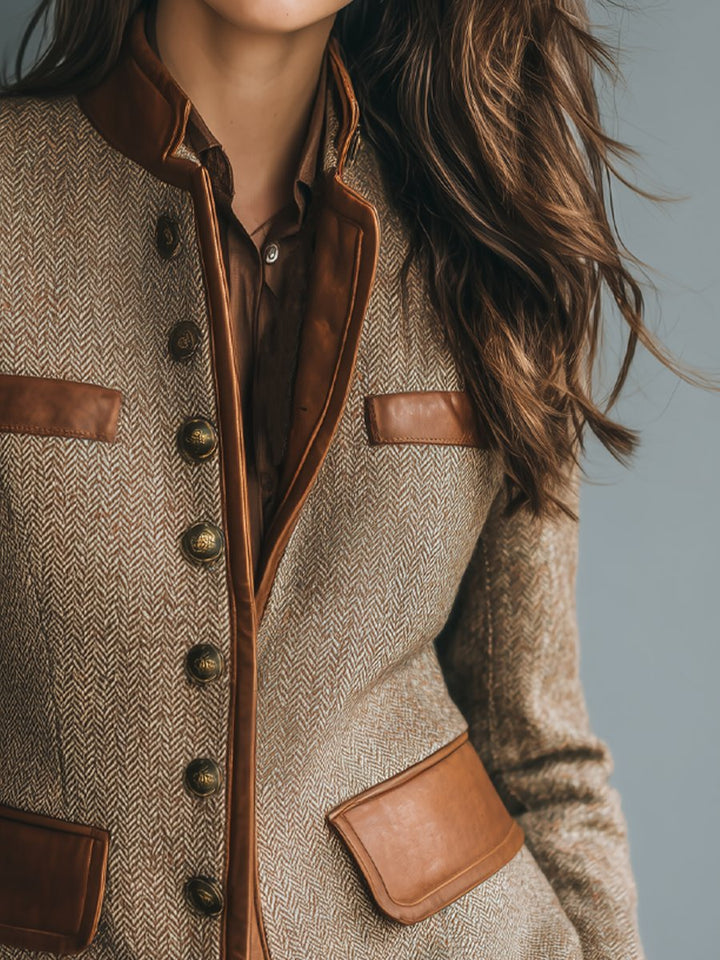 Sophia | Herringbone Tweed Jacket with Leather Look Trim for Women