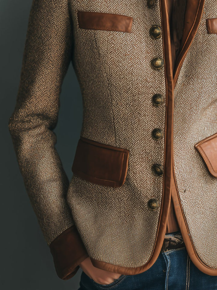 Sophia | Herringbone Tweed Jacket with Leather Look Trim for Women